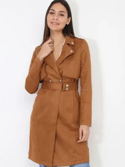 Sale La Modeuse Veste longue ceinturée en suédine Camelfoncé