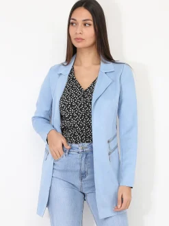 Sale La Modeuse Veste longue en suédine à zips BleuClair