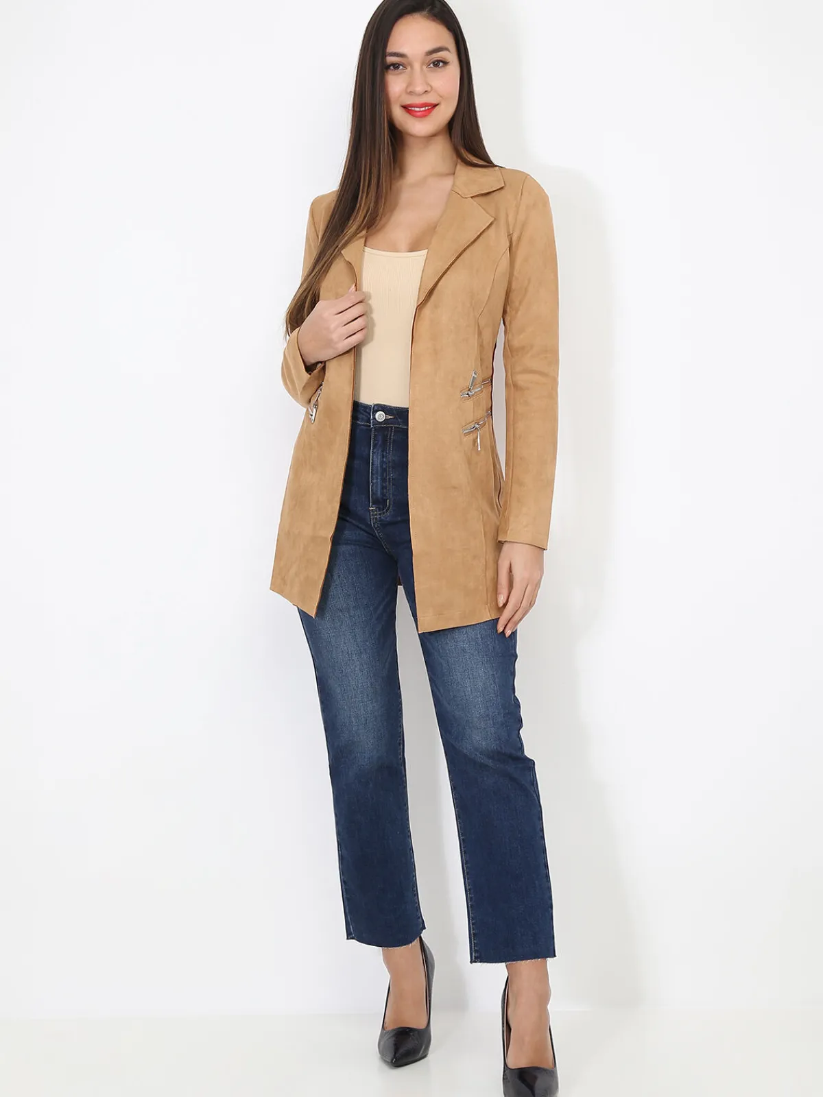 Best La Modeuse Veste longue en suédine à zips Camel