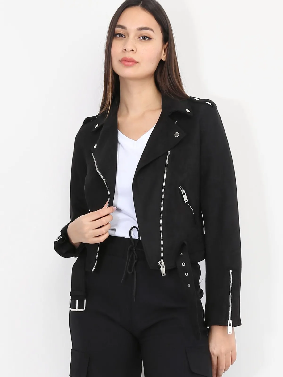 New La Modeuse Veste motard en suédine Noir