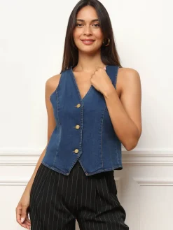 Discount La Modeuse Veston cintré en denim Bleufoncé