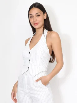 Hot La Modeuse Veston dos nu à rayures Blanc